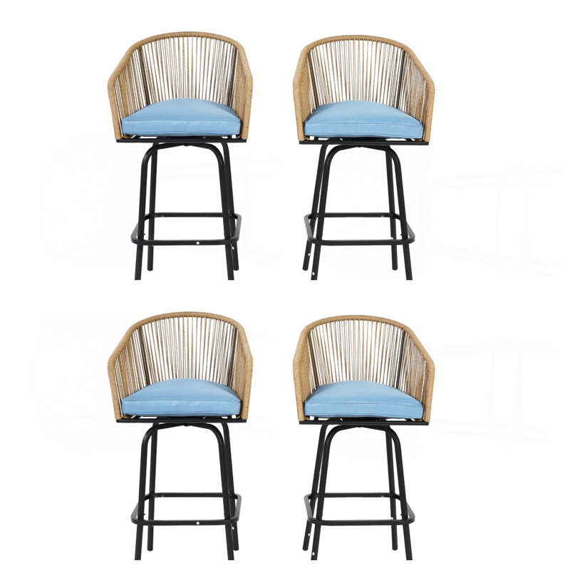 Ensemble de 4 tabourets de bar d'extérieur avec accoudoirs, 4 chaises de bar en rotin toutes saisons avec dossier, tabourets de bar en osier pour la cour, le jardin, la piscine, le balcon et la terrasse