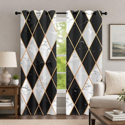 2Pcs Black and White Marble-Pattern Curtains, Geometric Lattice Style Curtain, Modern Light Luxury Diamond Texture Printed Art Grommet Drapes, Window Treatment for Bedroom Living Room Decor