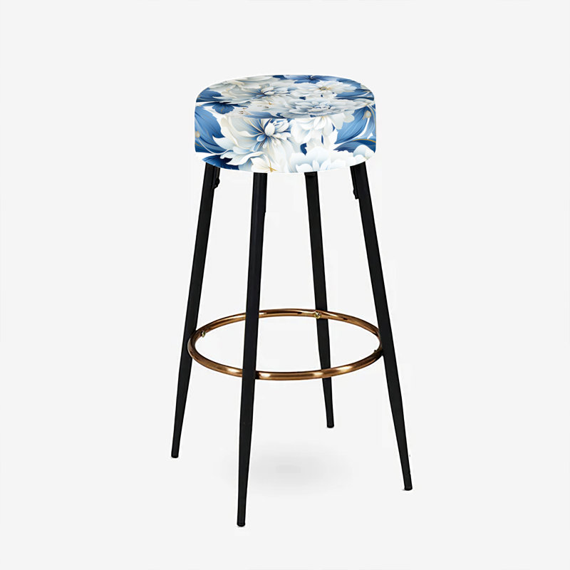 Ensemble de 2 tabourets de bar damassés à motif floral blanc et bleu Misty