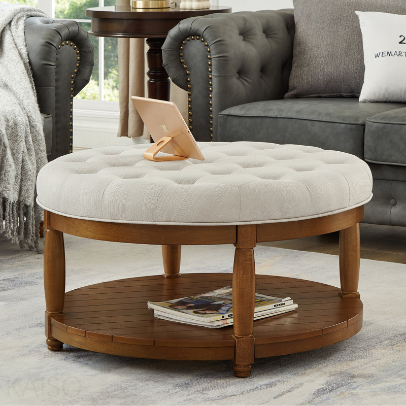 Grande table basse ronde avec repose-pieds capitonnée et rangement en bois - ivoire, Ivory