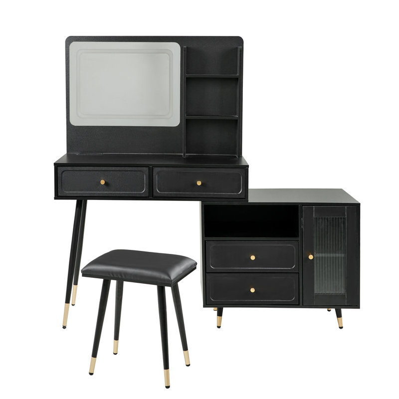 Modern Makeup Vanity Desk with Mirror and Lights, Retractable Dressing Table with Drawers and Cabinet, Compact Makeup Table Set with Power Outlet for Bedroom, Black