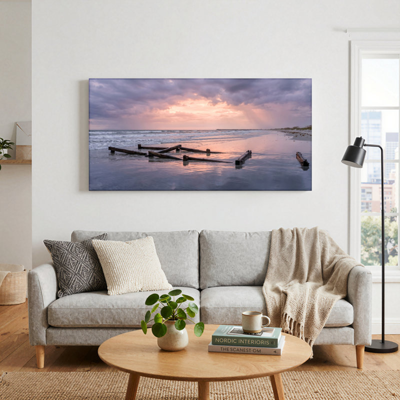Ensemble de 1 tableau sur toile représentant un coucher de soleil sur la plage, 32“W x 16”H, Wrapped Canvas