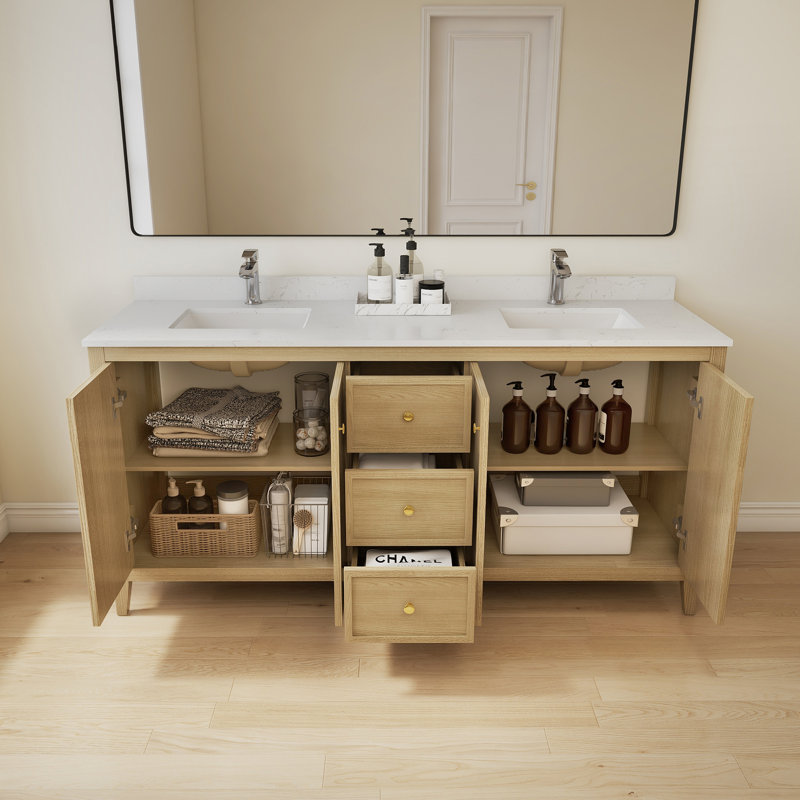 72'' Fully Assembled Freestanding Double Bathroom Vanity With White Granite Top, 72"