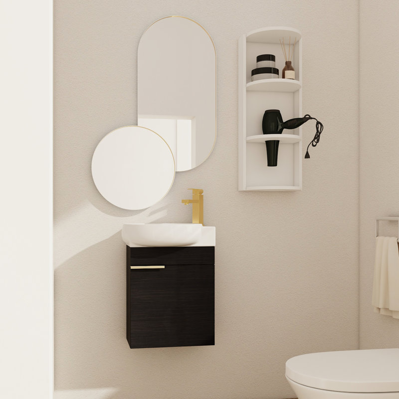 Meuble-lavabo de salle de bain de 40 cm (16 pouces) à fermeture amortie avec lavabo et étagère de rangement, lavabo rond simple en céramique, matériau, décor moderne pour petits espaces, portes, style