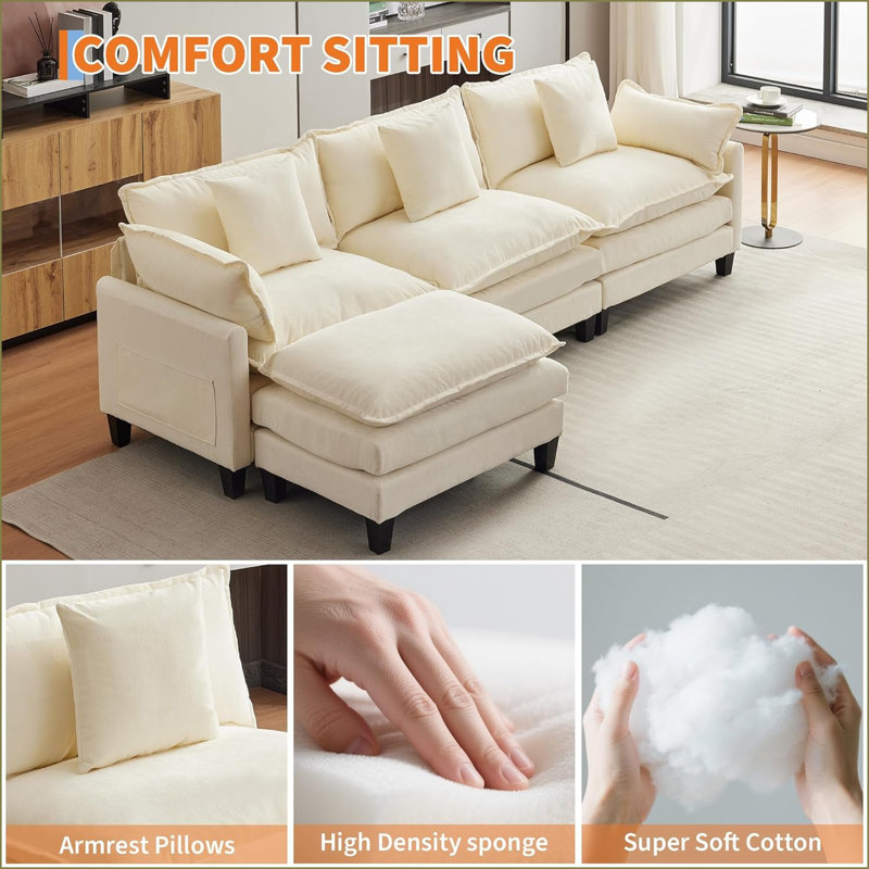 112''L-Shaped Modern Sofa Modular Combination Cloud Sofa With Ottoman 3-Seater Chenille Combo Set With 1 Footstool For Living Room, Bedroom And Apartment