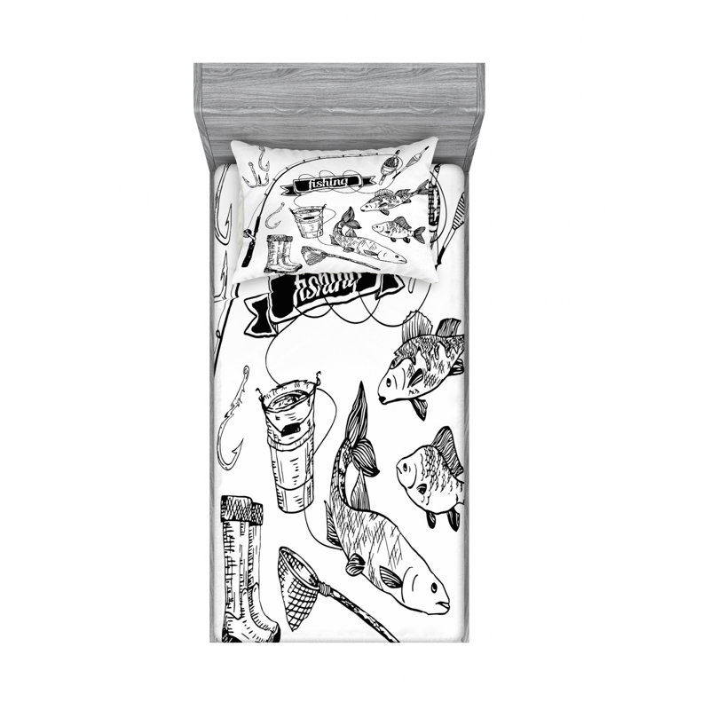 Ensemble d'outils de pêche dessinés à la main avec saumon et perchoir, Taie d'oreiller pour lit simple