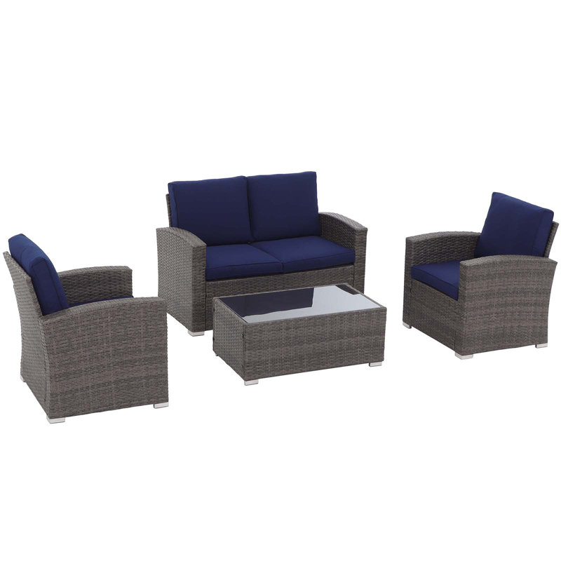 4 Pieces Patio Furniture Set With Tempered Glass Coffee Table And Removable Cushions