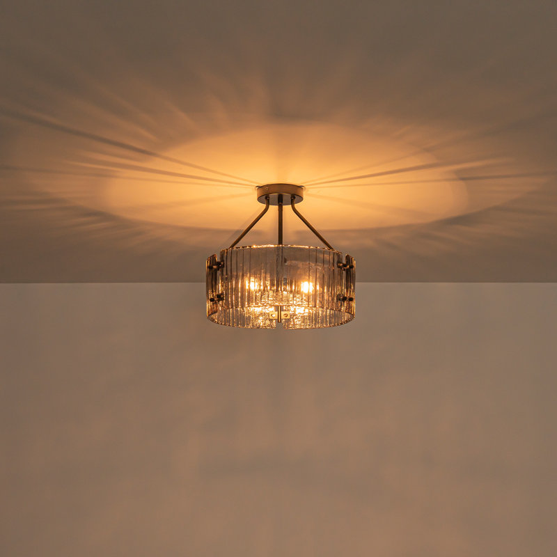 Handcrafted Striped Glass 3-Light Semi-Flush Mount Ceiling Light in Matte Black