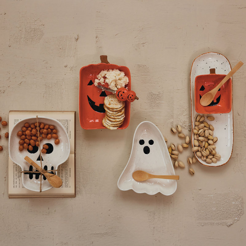 Stoneware Ghost Shaped Dish With Bamboo Spoon