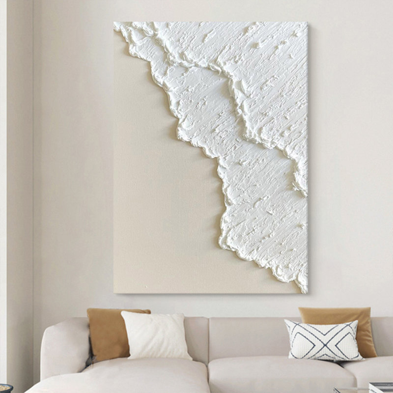 Art mural sur toile minimaliste blanc texturé 3D à la main, peinture abstraite côtière neutre sans cadre pour le salon
