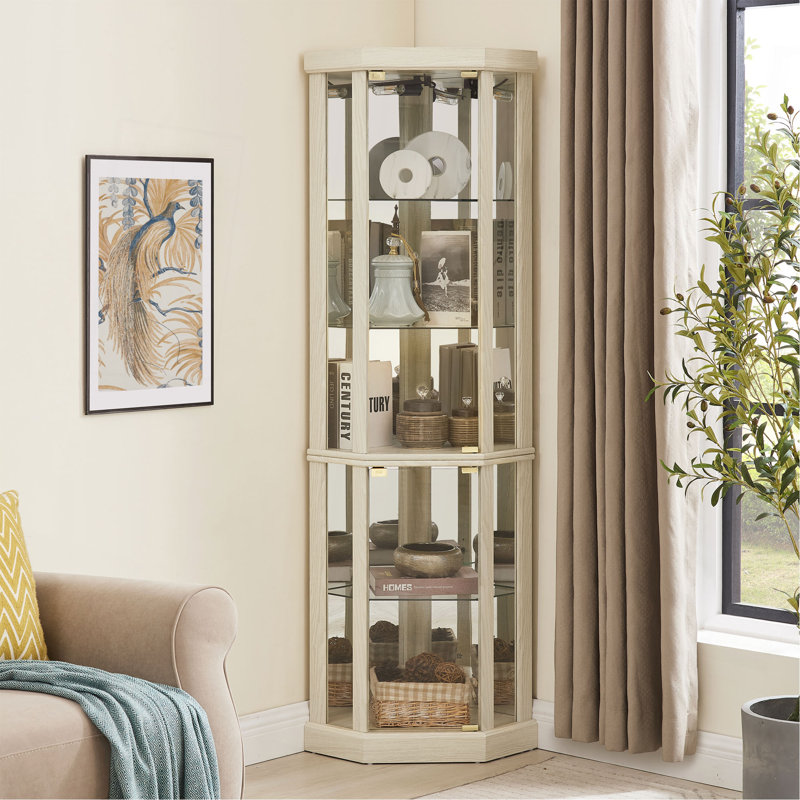 Lighted Corner Curio Cabinet - Elegant Glass Display Case For Living Room & Bar Storage - Perfect For Antique Collections & Wine - Includes Built-In Lighting