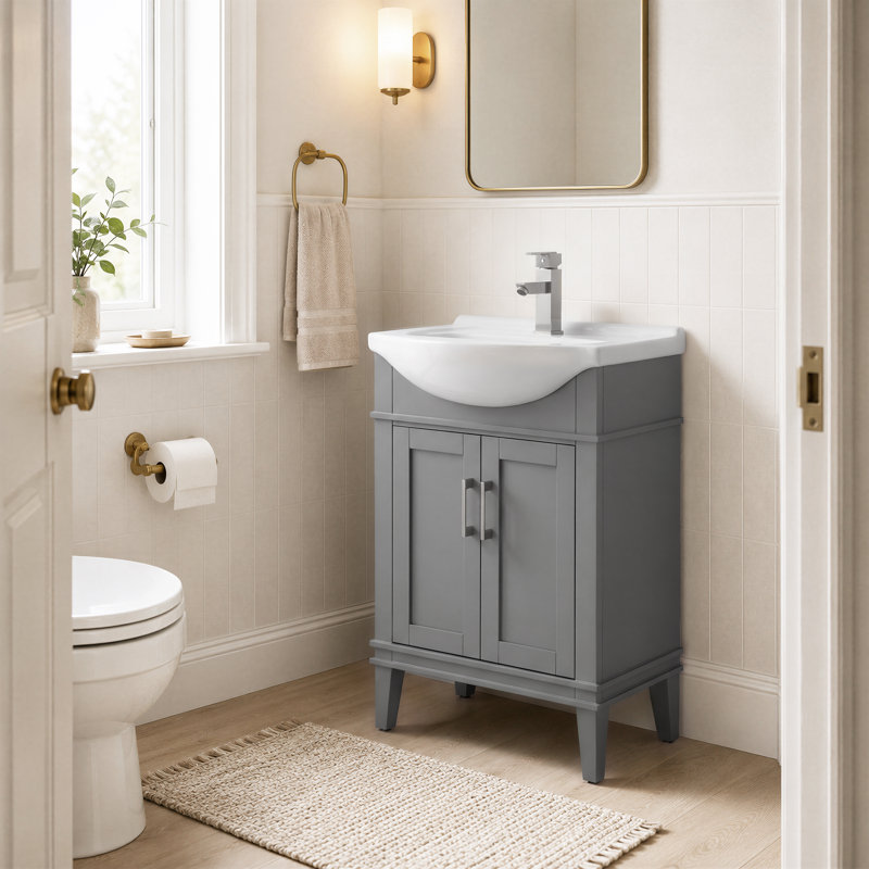 Ensemble de meuble-lavabo simple autoportant 24 po avec plateau en céramique Arlowene, gris, 24"