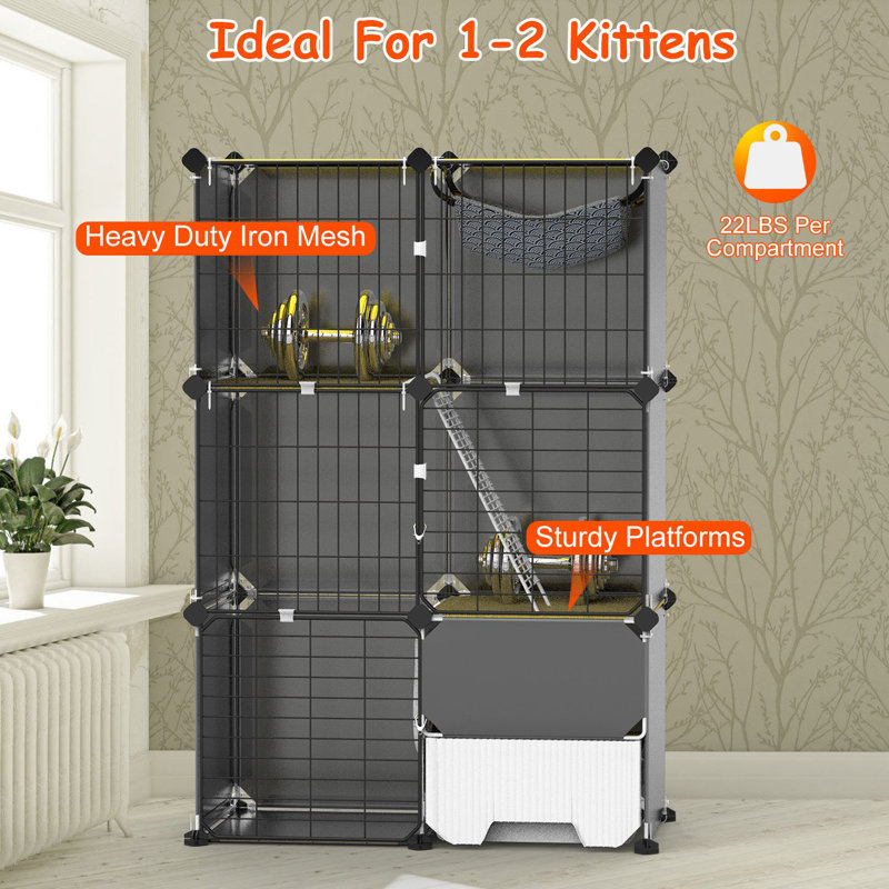 Cage à chat 3 niveaux 27,95 x 13,78 x 42,13 po avec bac à litière et hamac