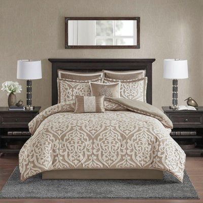 Ensemble d'édredon 8 pièces jacquard brun clair / ivoire très grand