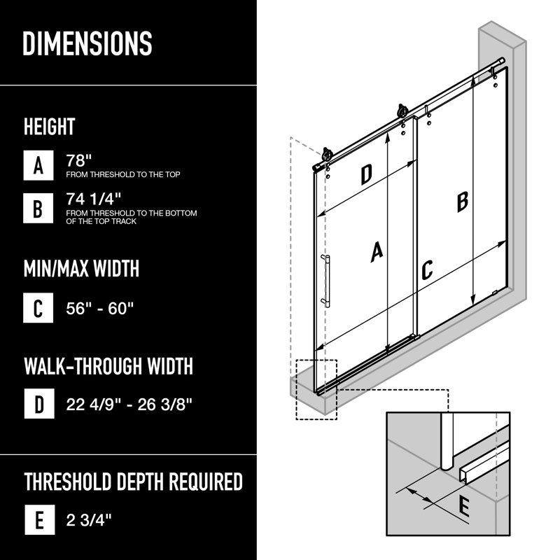 Hamilton 56-60" W x 78" H Sliding Frameless Shower Door with 3/8" Clear Glass, Chrome