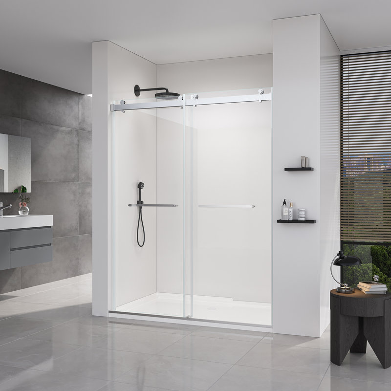 Portes de douche et de baignoire coulissantes sans cadre, 56-60x76 pouces, nickel brossé moderne