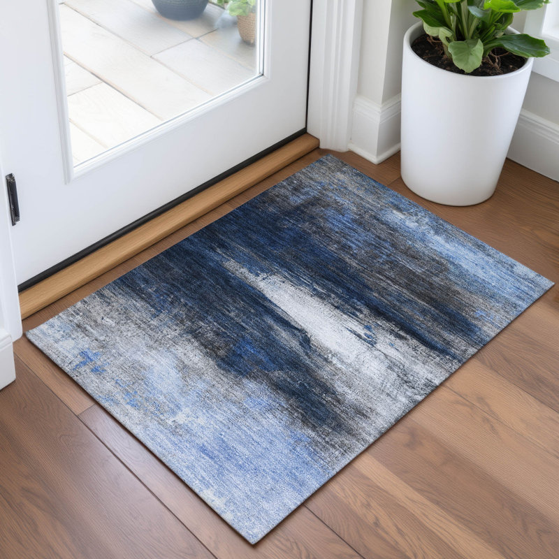 Tapis bleu marine Xhevrie intérieur / extérieur lavable à la machine, Rectangle 1 pi 8 po x 2 pi 6 po