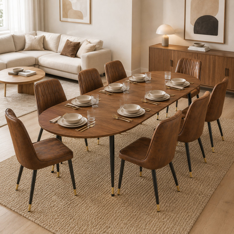 9-Piece Extendable Wood Dining Set, 9 Pieces: Table, 8 Chairs, Brown