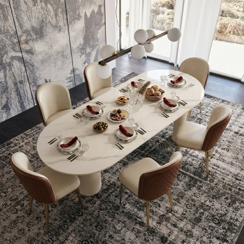 79" Oval Dining Table,Cream Column Base And White Textured Sintered Stone Top,Modern Kitchen Table