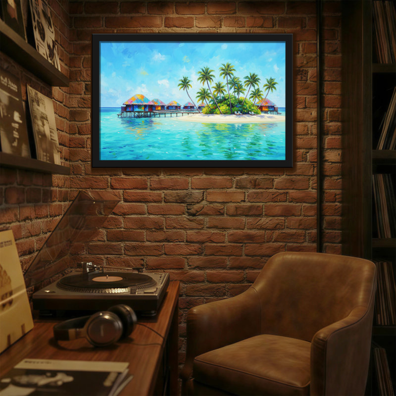 Paysage et nature Île tropicale, palmiers, eau, pavillons, ciel, plage, océan, H 12 po x l 18 po