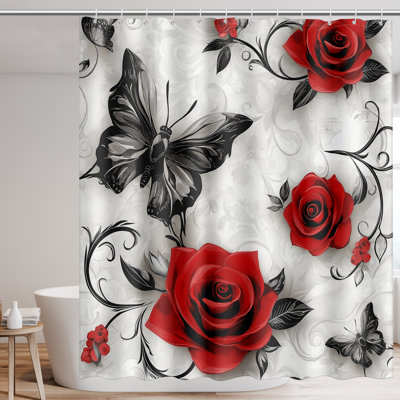 Rideau de douche en tissu imperméable avec crochets Red Rose Black Butterfly - 72 po x 72 po