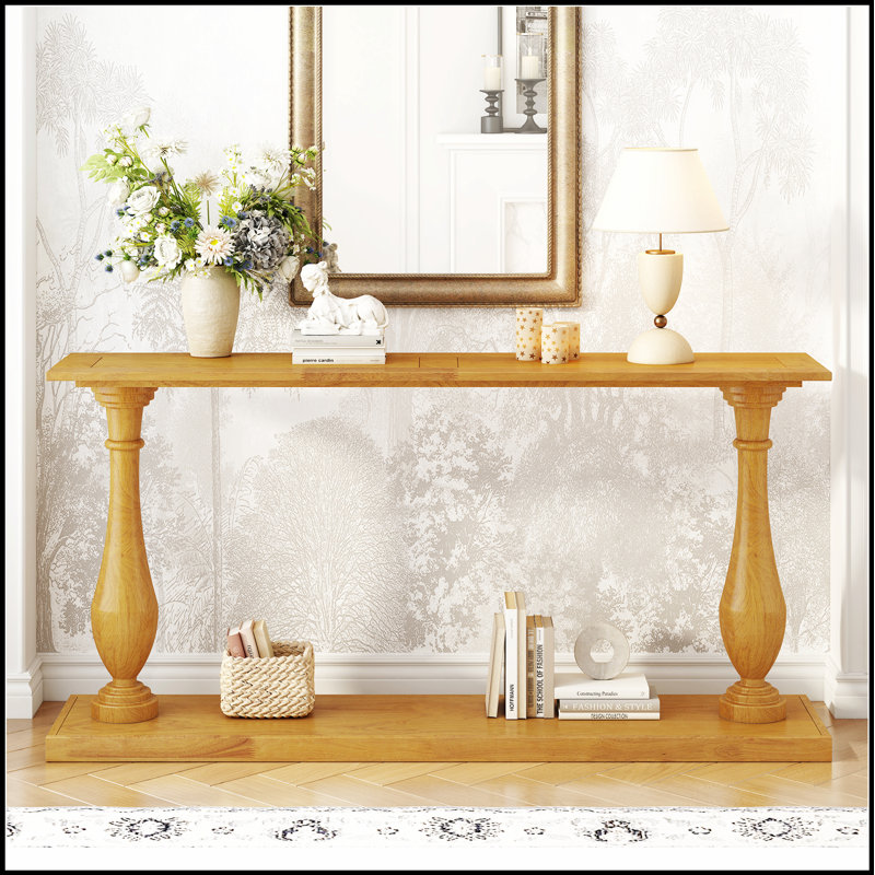 Console de canapé rétro avec placage de pin luxueux et pieds de vase élégants pour le salon, le bureau, l'entrée et la chambre à coucher