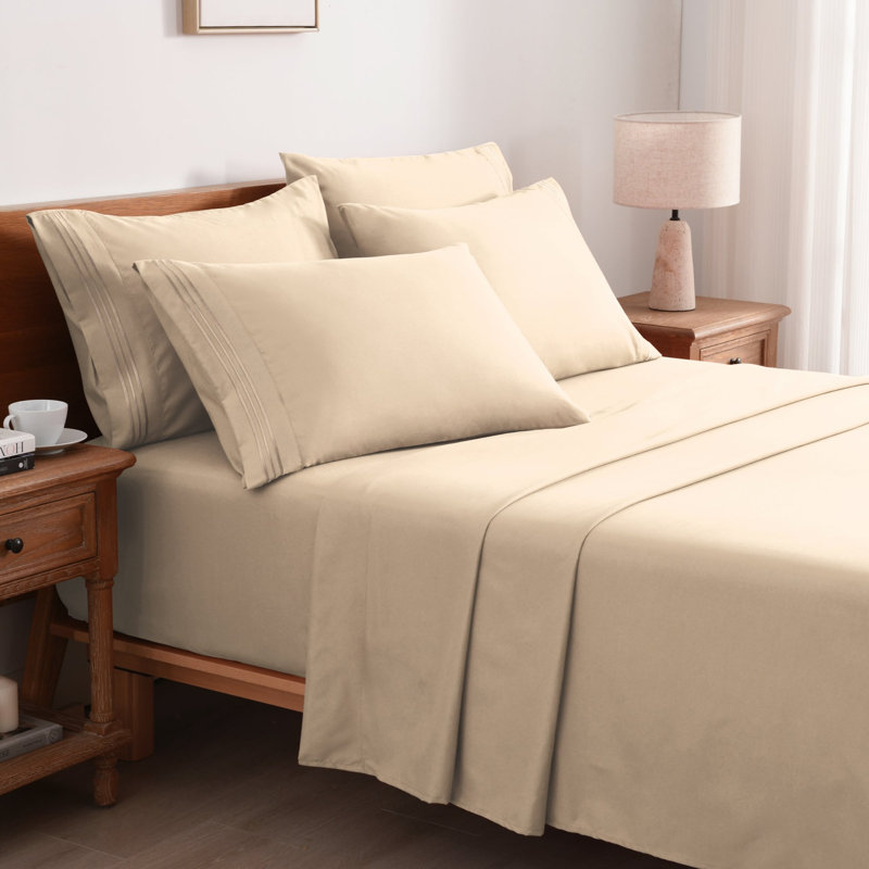 4/6 Pcs Soft Solid & Embroidery Bed Sheets Set, Beige, Full
