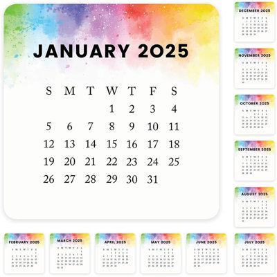 Ensemble d'étiquettes de planificateur arc-en-ciel aquarelle petit mois 2025 2026 multicolore moderne