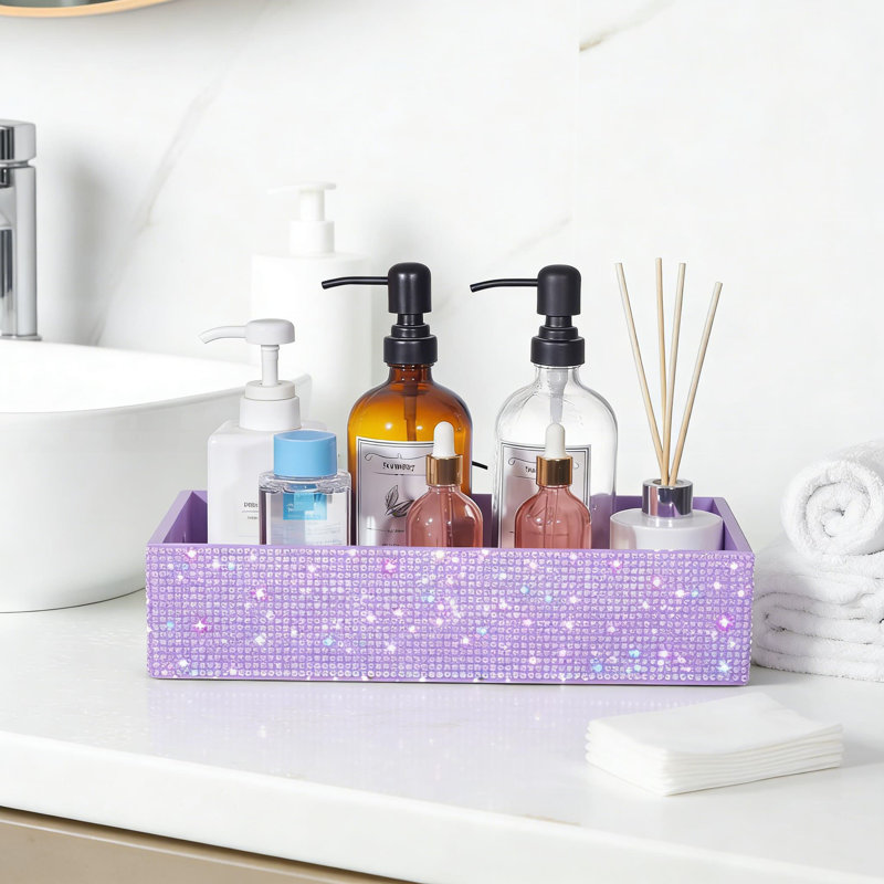Panier de rangement en strass scintillant avec poignée, plateau de réservoir de toilette et organisateur de meuble-lavabo pour la décoration de salle de bain et l'organisation du comptoir