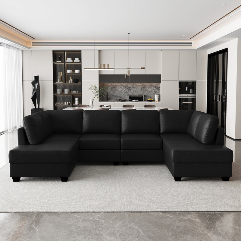 Canapé modulaire en U en similicuir, Similicuir noir