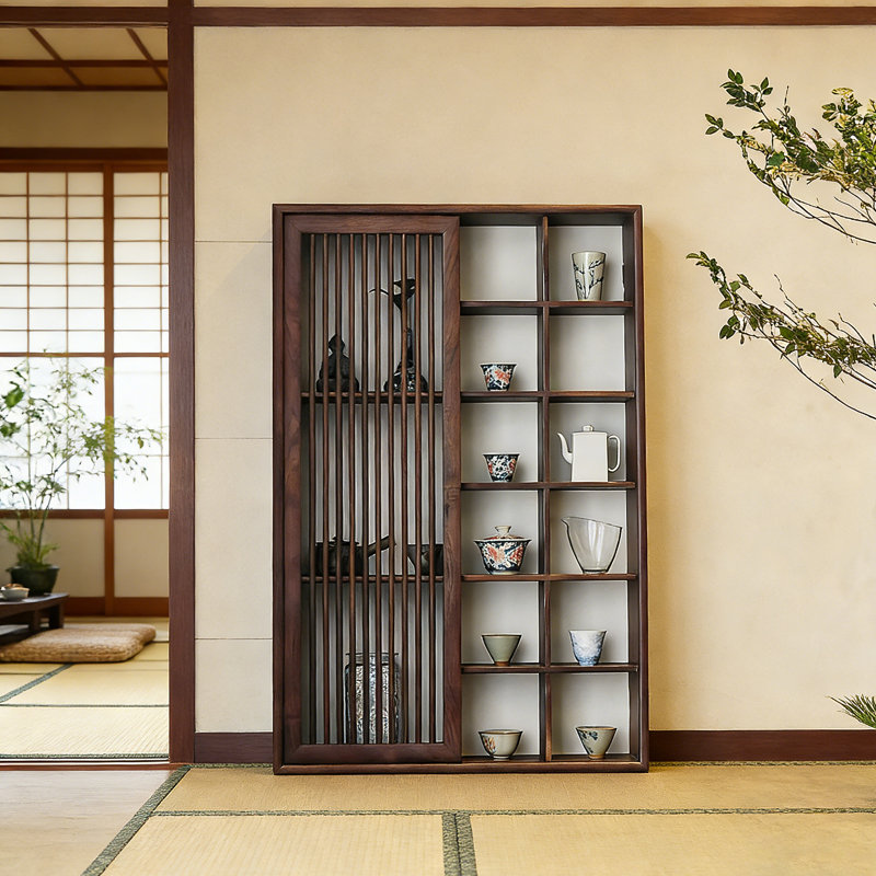 23.62" New Chinese Style Brown Walnut Color Solid Wood Wall-Mounted Curio Display Shelf & Collectibles Cabinet