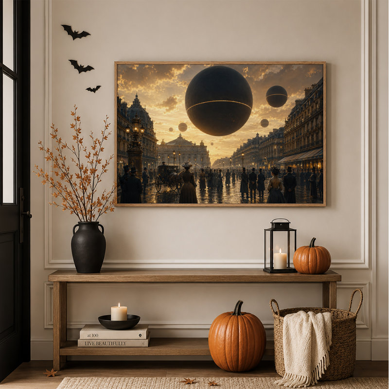 Sphères noires géantes surplombant une ville victorienne animée - Toile murale d'Halloween, H 32 po x l 48 po