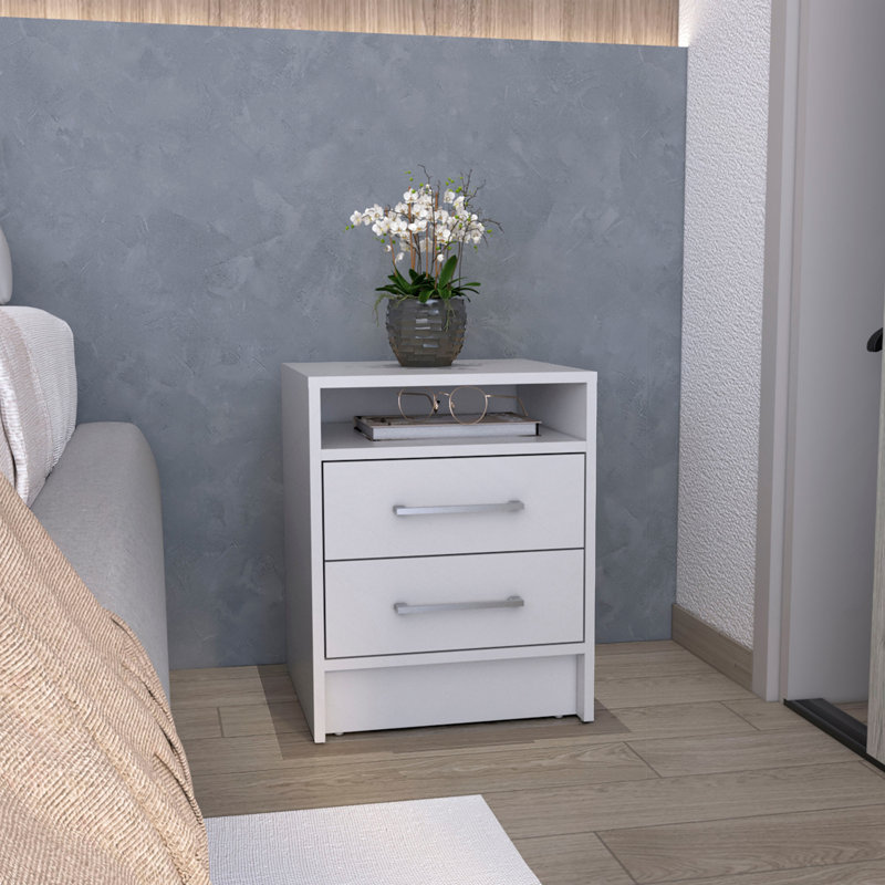Table de chevet H 23,6 po, avec 2 tiroirs et 1 tablette, blanc, Blanc