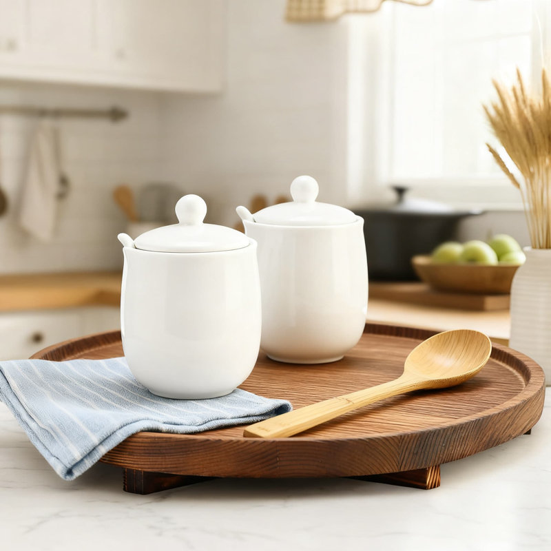 Round Wooden Tray For Home Decor, Rustic Kitchen Counter, Bathroom Vanity & Coffee Table Organizer With Waterproof Finish