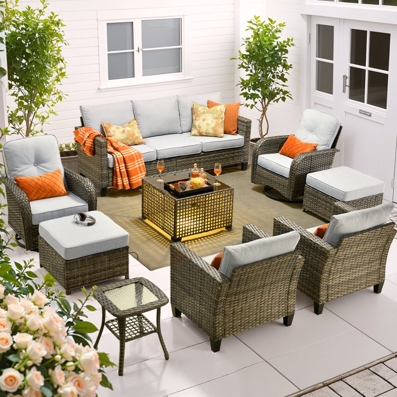9-Piece Wicker Outdoor Seating Group with Lighted Coffee Table and Swivel Rocking Chairs,All Weather Furniture Set with Cushions