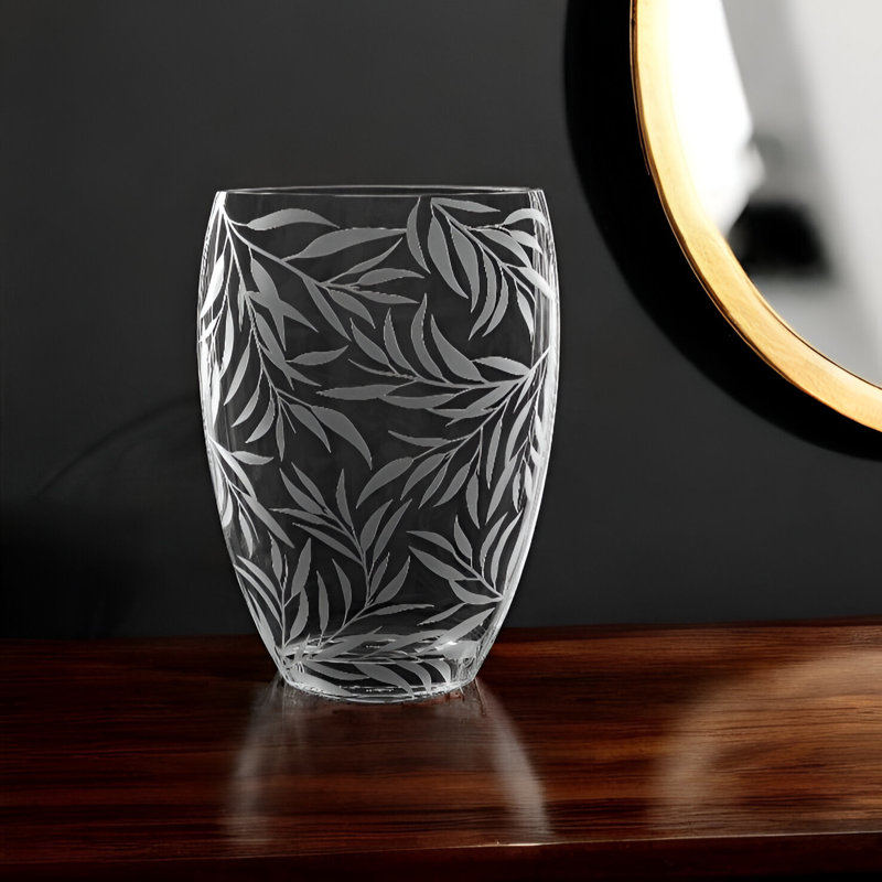 12" Frosted Leaf Pattern Oval Crystal Table Vase