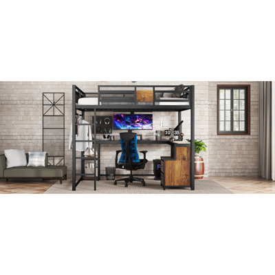 Grand lit mezzanine avec bureau et tiroirs de rangement en tissu non tissé, cadre de lit mezzanine en métal avec échelles, sans nosie et sans sommier, noir