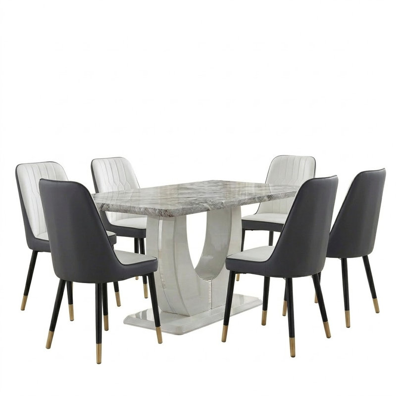 Modern 7-Piece Dining Set with Faux Marble Table and 6 Upholstered Faux Leather Chairs, White/Dark Gray, Gray