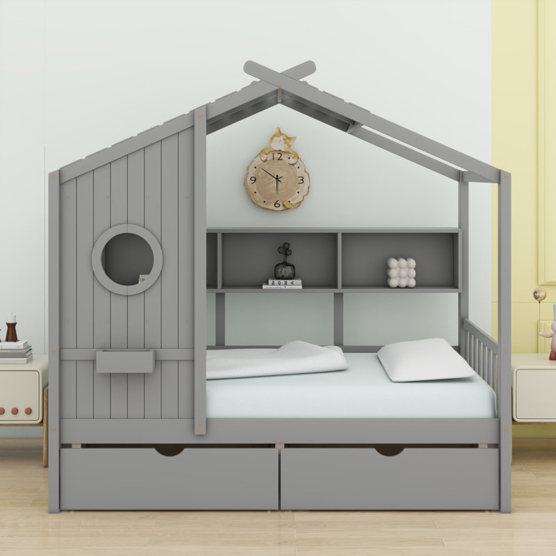 Lit maison en bois, Gris, Lit simple