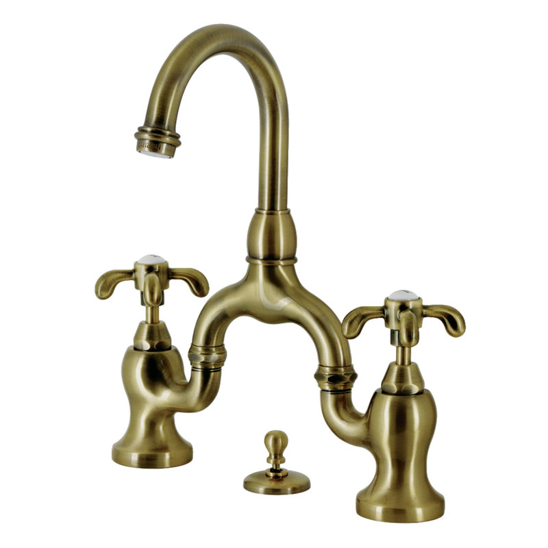 Kingston Brass French Country Two-Handle 3-Hole Deck Mount Bridge Bathroom Faucet with Brass Pop-Up, Antique Brass