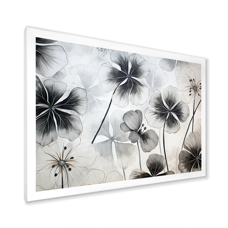 " Minimalism Black And White Geraniums II ", 34" H x 44" W x 1.5" D, White Single Picture Framed