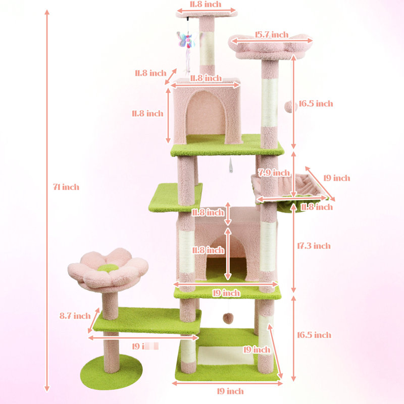 Arbre à chat de 72 pouces, grandes surfaces grattantes multiples, 4 arbres à fleurs roses et 5 chats avec coussin amovible et espace spacieux pour dormir 21 po x 12 po x 10 po
