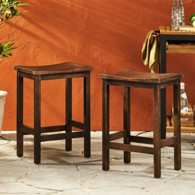 Bois, tabouret de comptoir, 2 pièces, finition foncée, sans dossier, confortable, résistant aux intempéries, 2 pièces d'extérieur en brun, sièges subtilement courbés et fonctionnalité