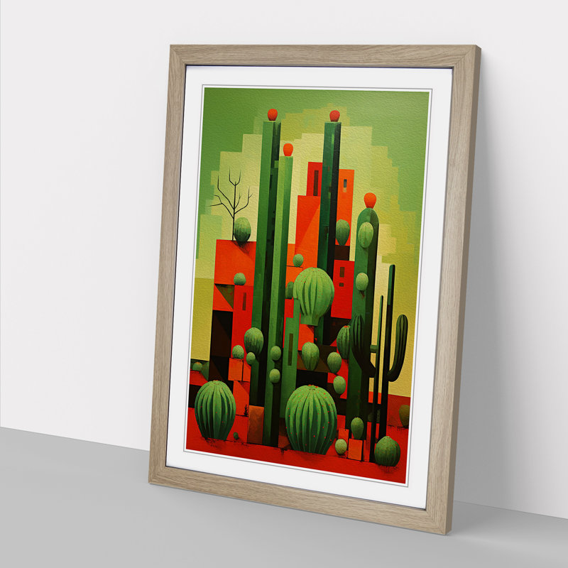 Cactus Constructivism - Single Picture Frame Print on Wood, Oak Framed, 46cm H x 34cm W x 2cm D