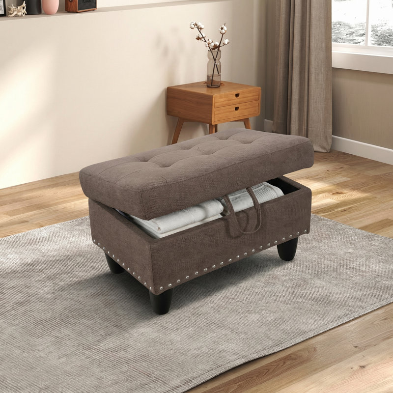 Tufted Fabric Storage Ottoman With Rivet Trim - Lift-Top Bench With Hidden Storage, Soft Padded Seat For Living Room & Bedroom, Brown