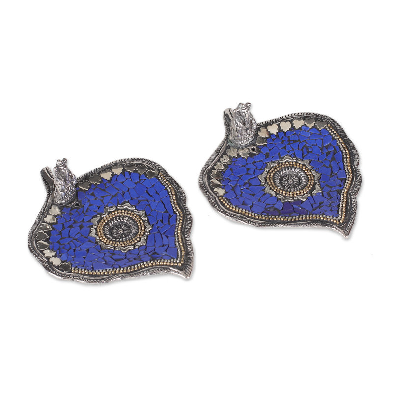 Bungalow Rose Handmade Blue Betel Aluminum Incense Holders (Pair)