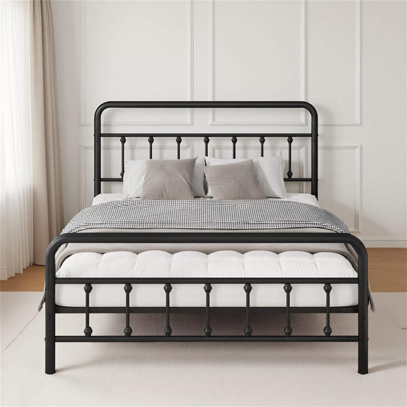 Structure de lit classique en métal - Structure de lit double avec tête de lit, structure stable et sans sommier, pour rangement sous le lit, noir