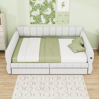 Queen Wooden Upholstered Daybed with USB Ports, Storage Drawers and Slats