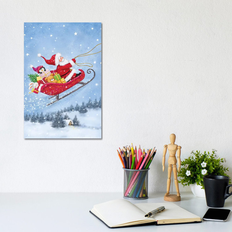 Santa On Sleigh by MAKIKO - Wrapped Canvas Print, 20.32 cm H x 30.48 cm W
