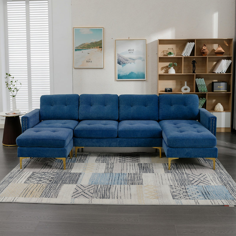 110" L-Shape Convertible Sectional Sofa Couch With Movable Ottoman For Living Room, Apartment, Office, Blue, Blue